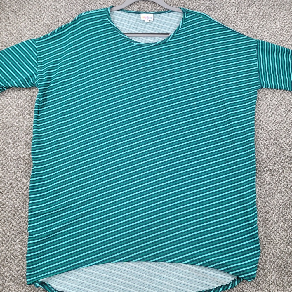 LuLaRoe Irma Tunic Top Womens Medium Teal Green Striped High Low Short Sleeve